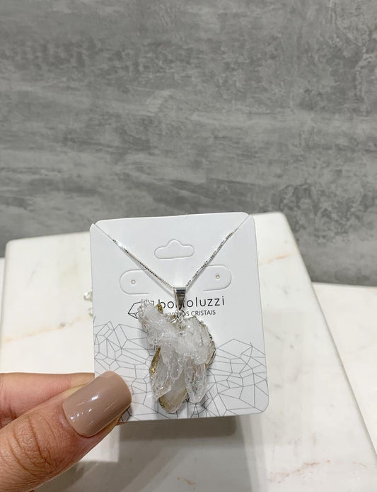 Pingente Drusa Cristal de Quartzo eletroplate banho prata