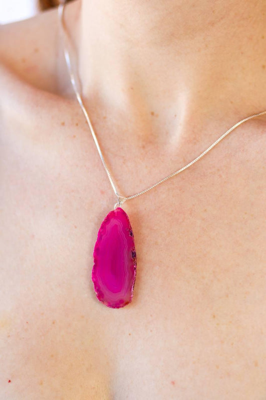 Pingente Chapa de Ágata Rosa Pequeno com Pino Banho Prata