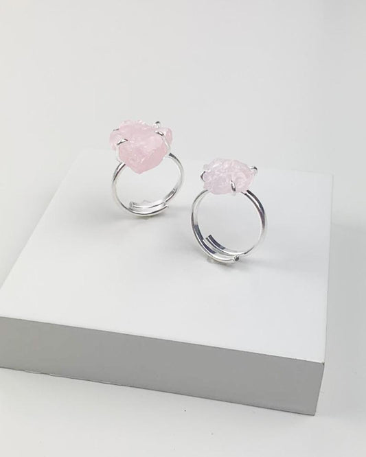 Anel Quartzo Rosa Ajustável Banho Prata