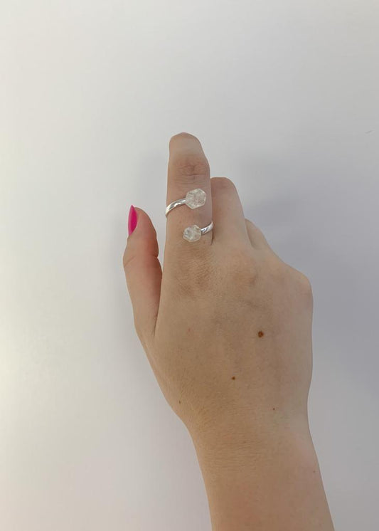 Anel Cristal de Quartzo Duo Ajustável Banho Prata