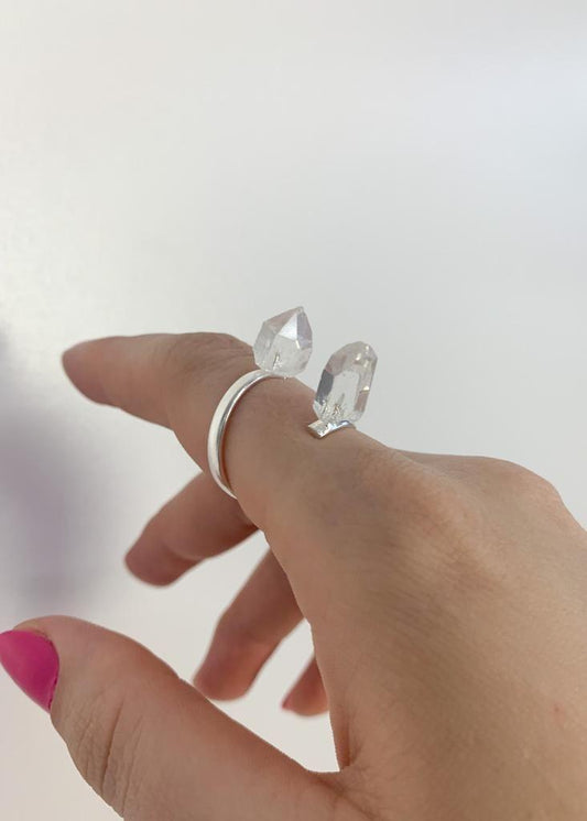Anel Cristal de Quartzo Duo Ajustável Banho Prata