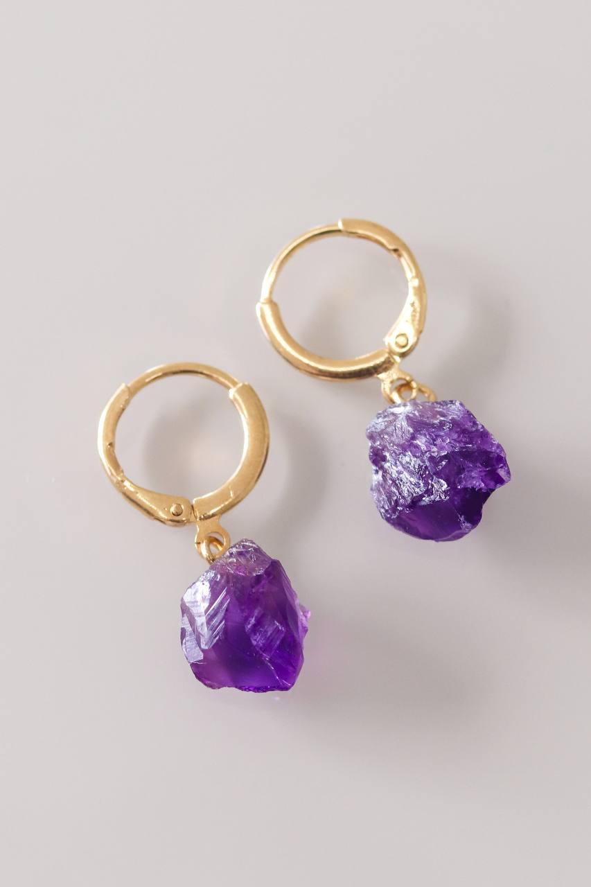 Brinco piercing argola Ametista bruta banho ouro