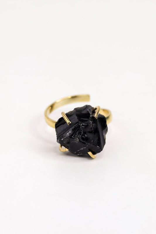 Anel Obsidiana bruta ajustável banho ouro