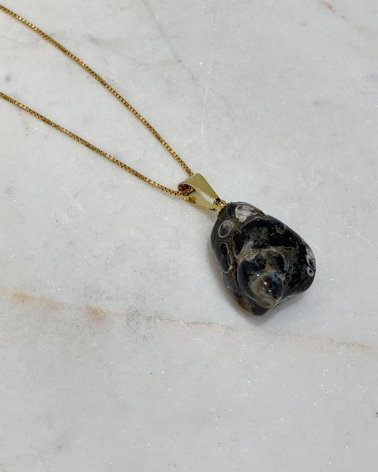 Pingente Ágata Turritella rolado com pino banho ouro