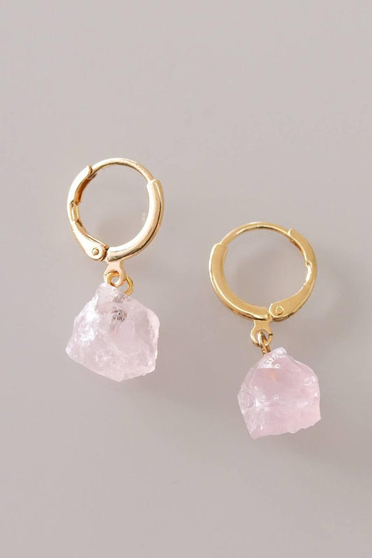 Brinco Piercing Quartzo Rosa Bruto Banho Ouro
