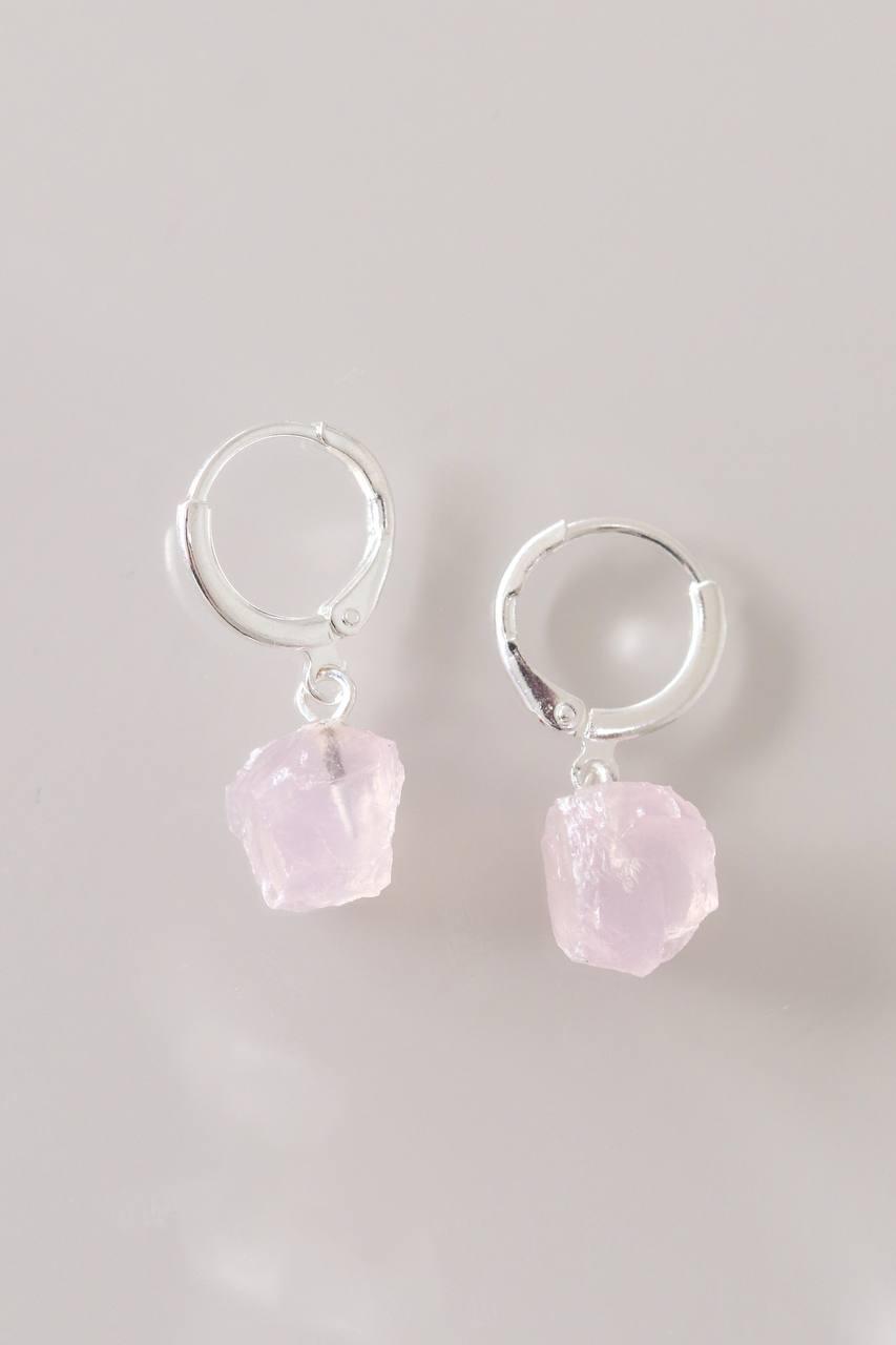 Brinco Piercing Argola Quartzo Rosa Bruto Banho Prata