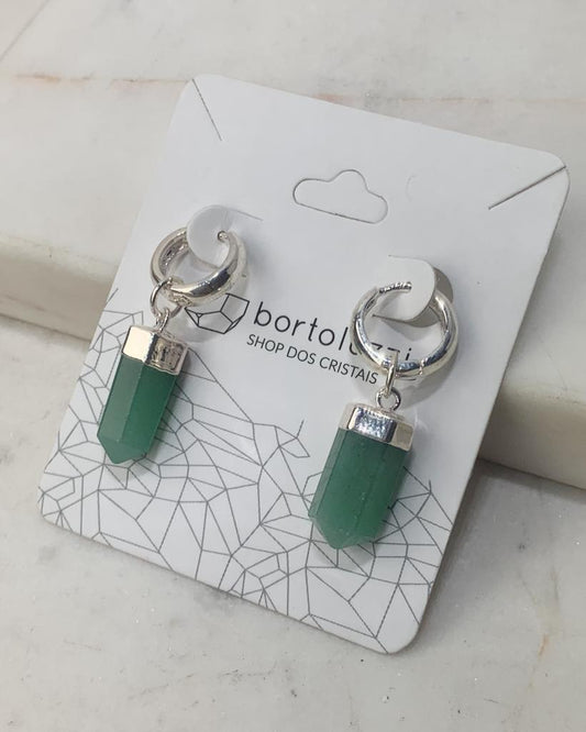 Brinco Argola Quartzo Verde Ponta Polida Banho Prata