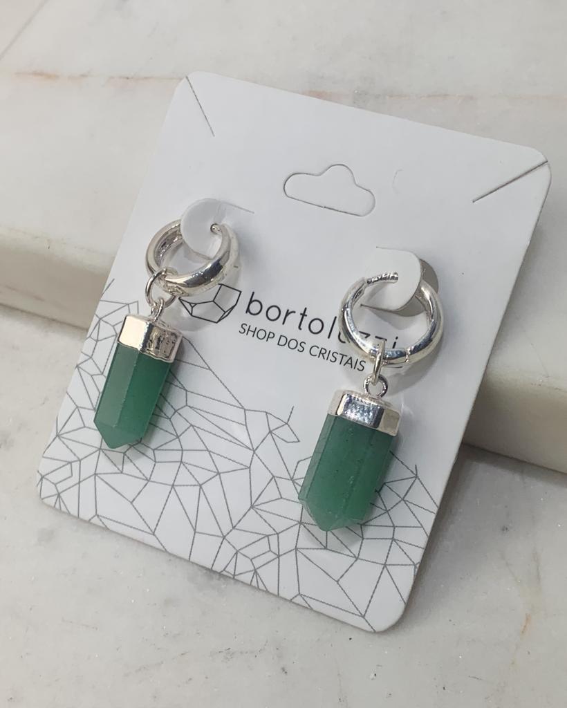 Brinco Argola Quartzo Verde Ponta Polida Banho Prata