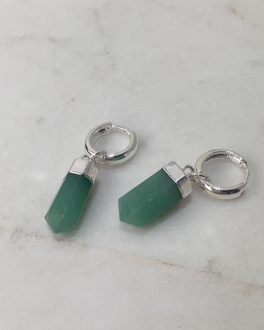 Brinco Argola Quartzo Verde Ponta Polida Banho Prata