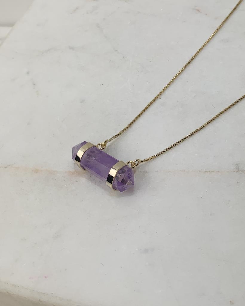 Colar Longo Ametista Ponta Biterminada Banho Ouro 18 k