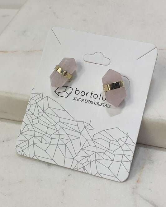 Brinco Ponta Biterminada Quartzo Rosa Banho Ouro 18 k