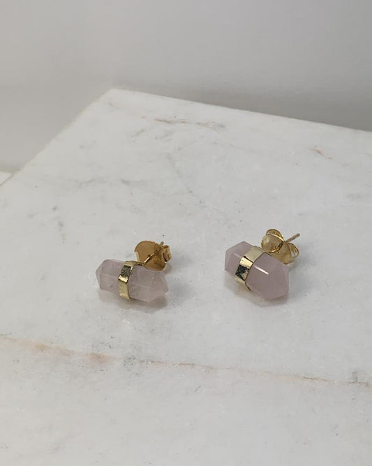 Brinco Ponta Biterminada Quartzo Rosa Banho Ouro 18 k