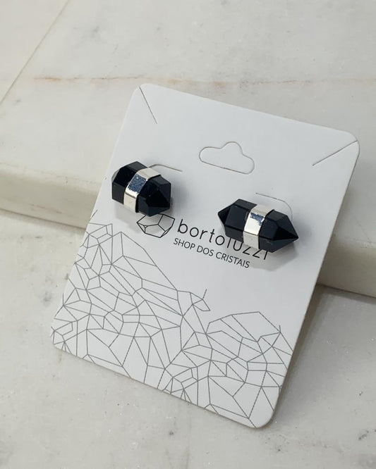 Brinco Ponta Biterminada Obsidiana Preta Banho Prata