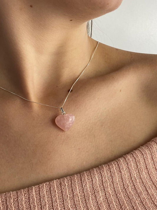 Colar Coração Quartzo Rosa Prata 925