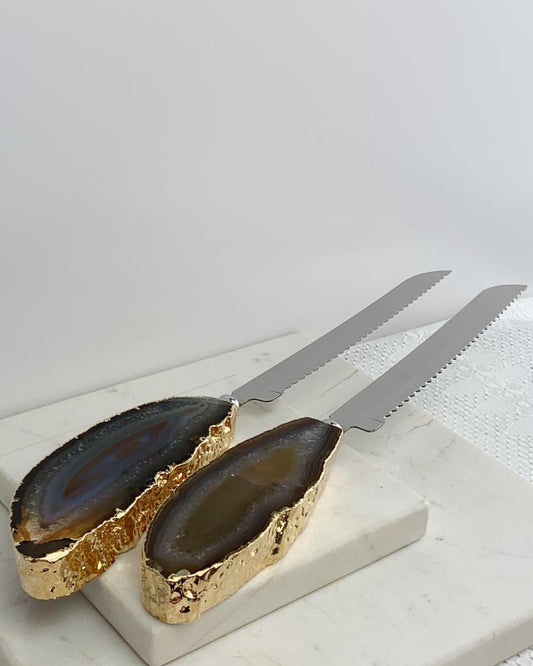 Faca Para Pão Ágata Natural Banho Ouro