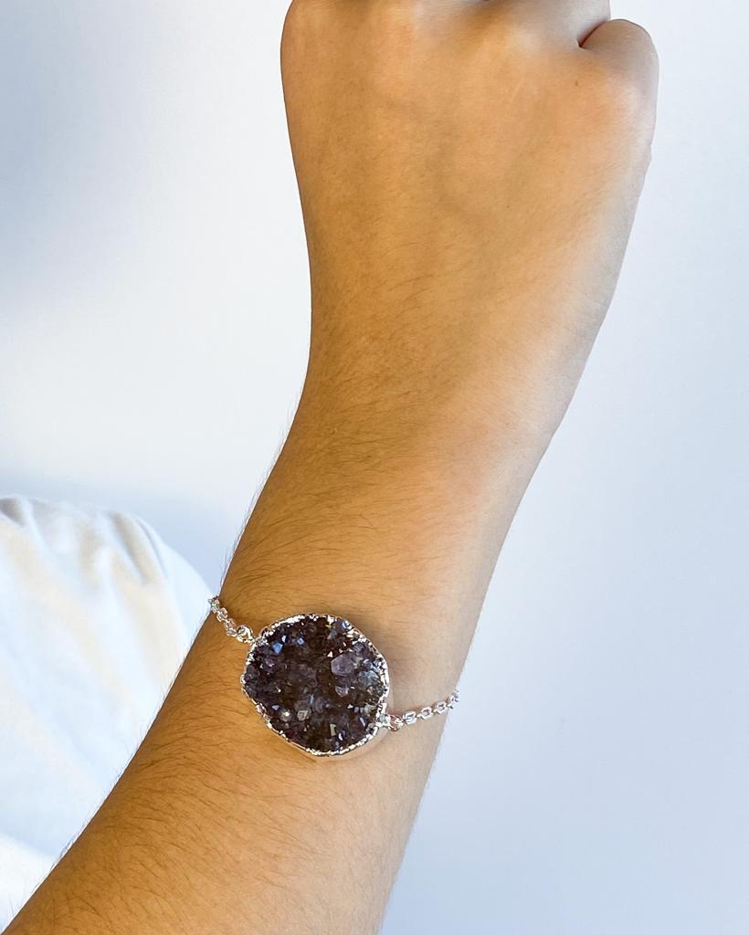 Pulseira Drusa Ametista com Eletroplate Banho Prata