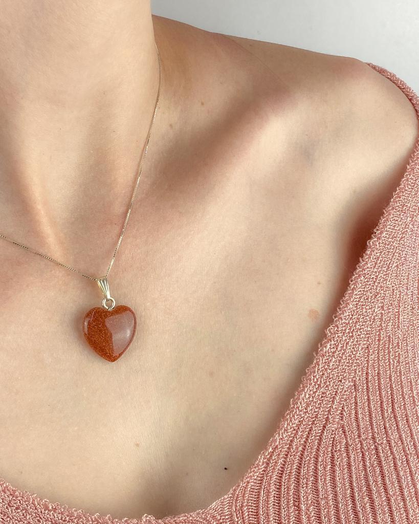 Colar Coração Goldstone Marrom Prata 925