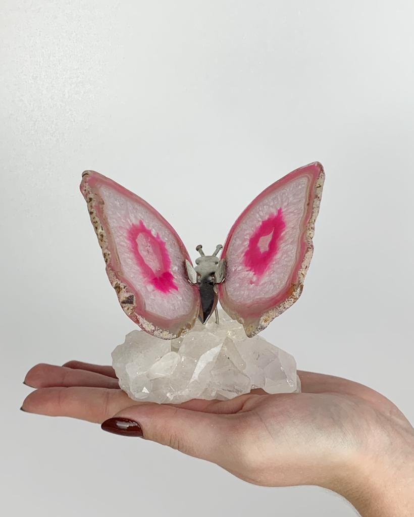 Borboleta Ágata Rosa  Base Drusa de Cristal
