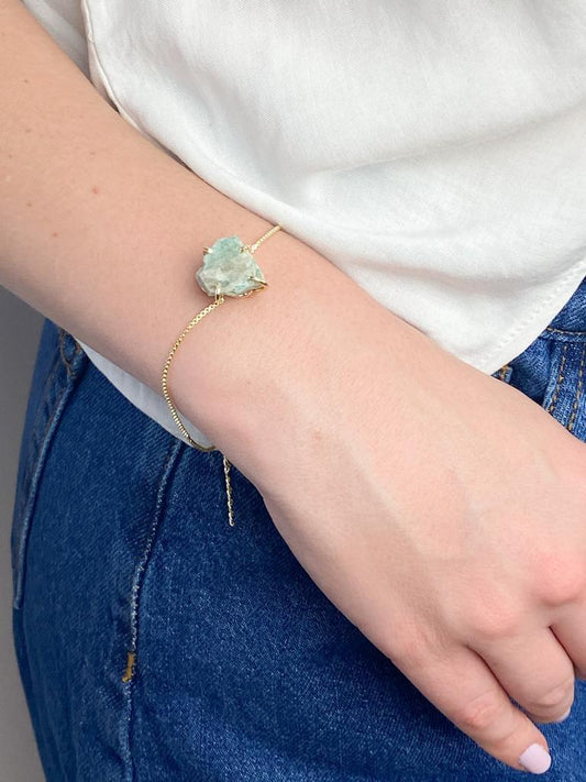 Pulseira Amazonita Bruta com Garra Banhado Ouro