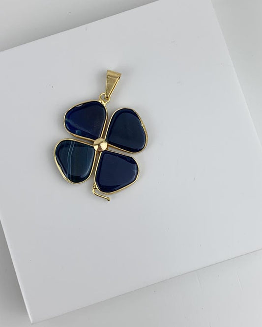 Pingente Trevo de Ágata Azul Banho Ouro