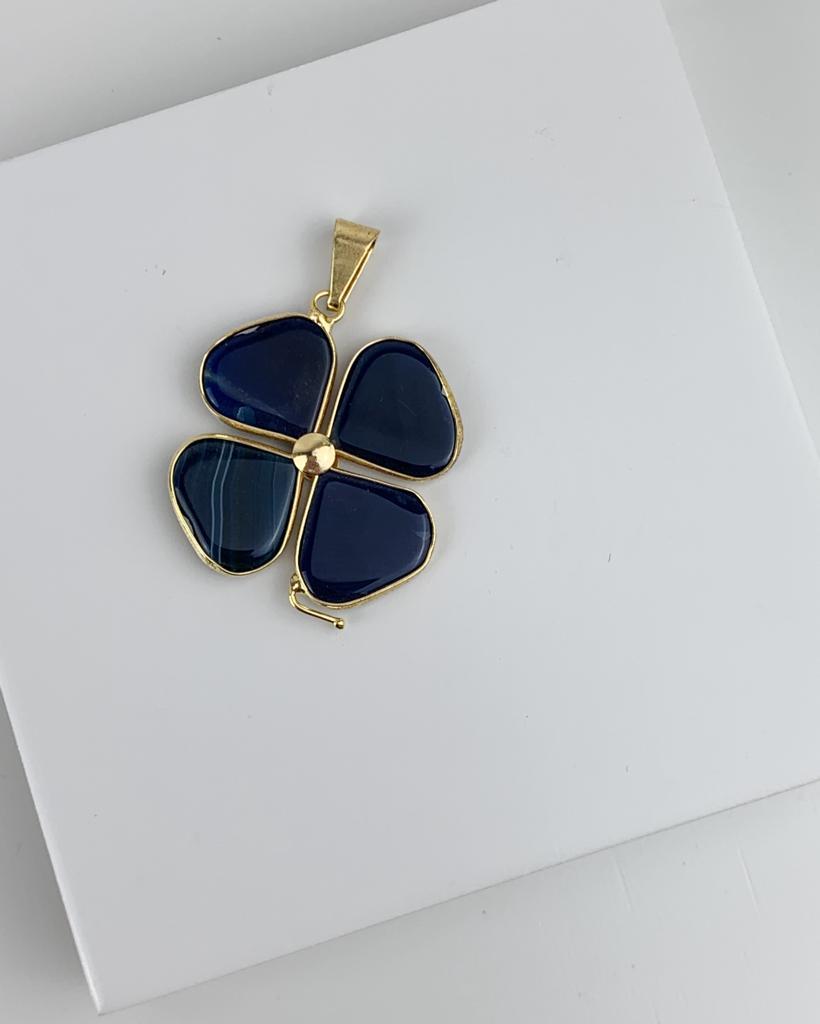 Pingente Trevo de Ágata Azul Banho Ouro
