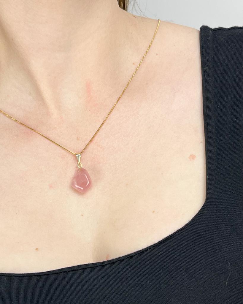 Pingente Quartzo Rosa  Rolado Banhado Ouro