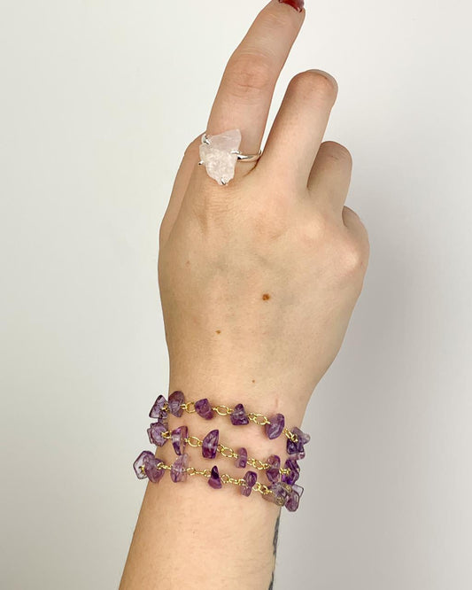 Pulseira Cascalho Ametista Elos Banho Ouro