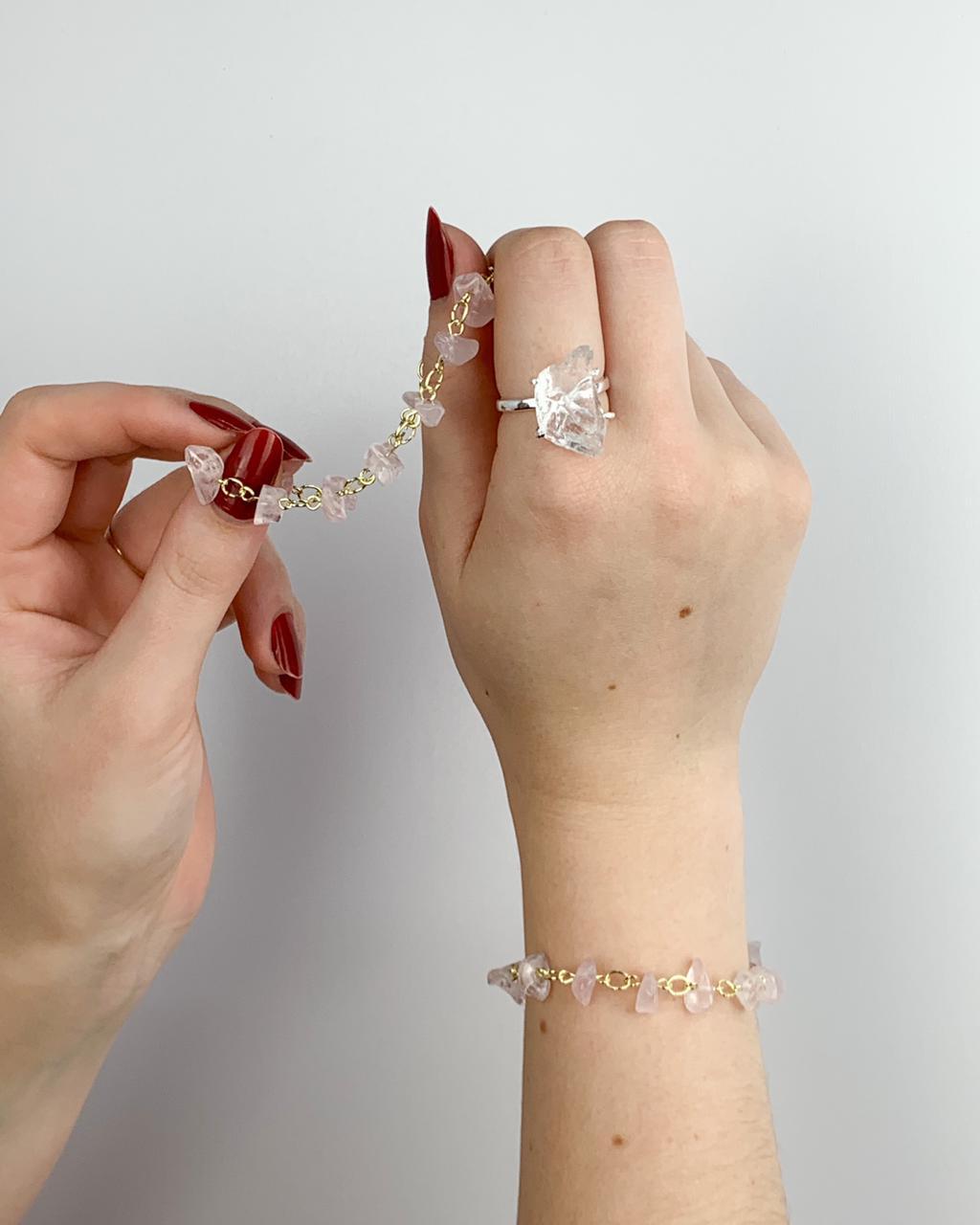 Pulseira Cascalho Quartzo Rosa Elos Banho Ouro