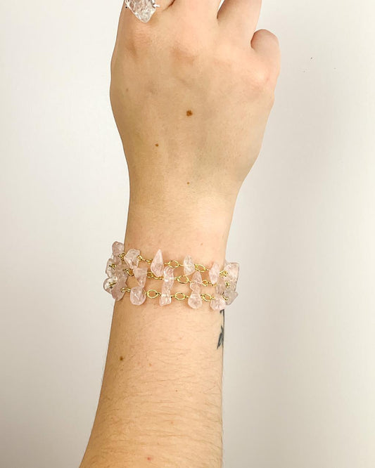Pulseira Cascalho Quartzo Rosa Elos Banho Ouro