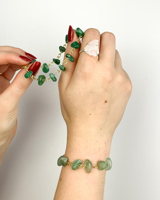 Pulseira Cascalho Quartzo Verde Elos Banho Ouro