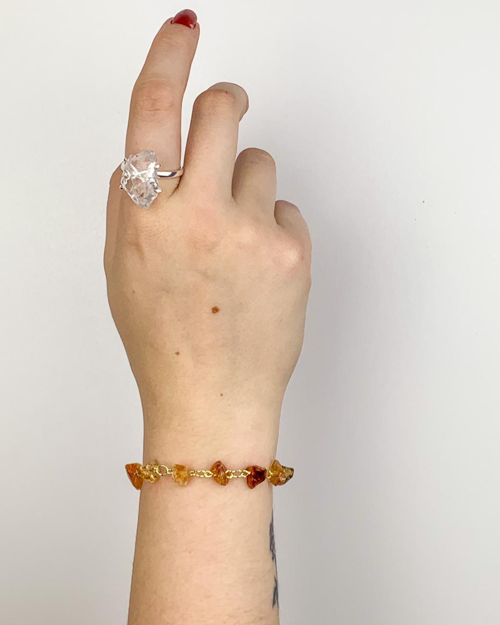 Pulseira Cascalho Citrino Elos Banho Ouro