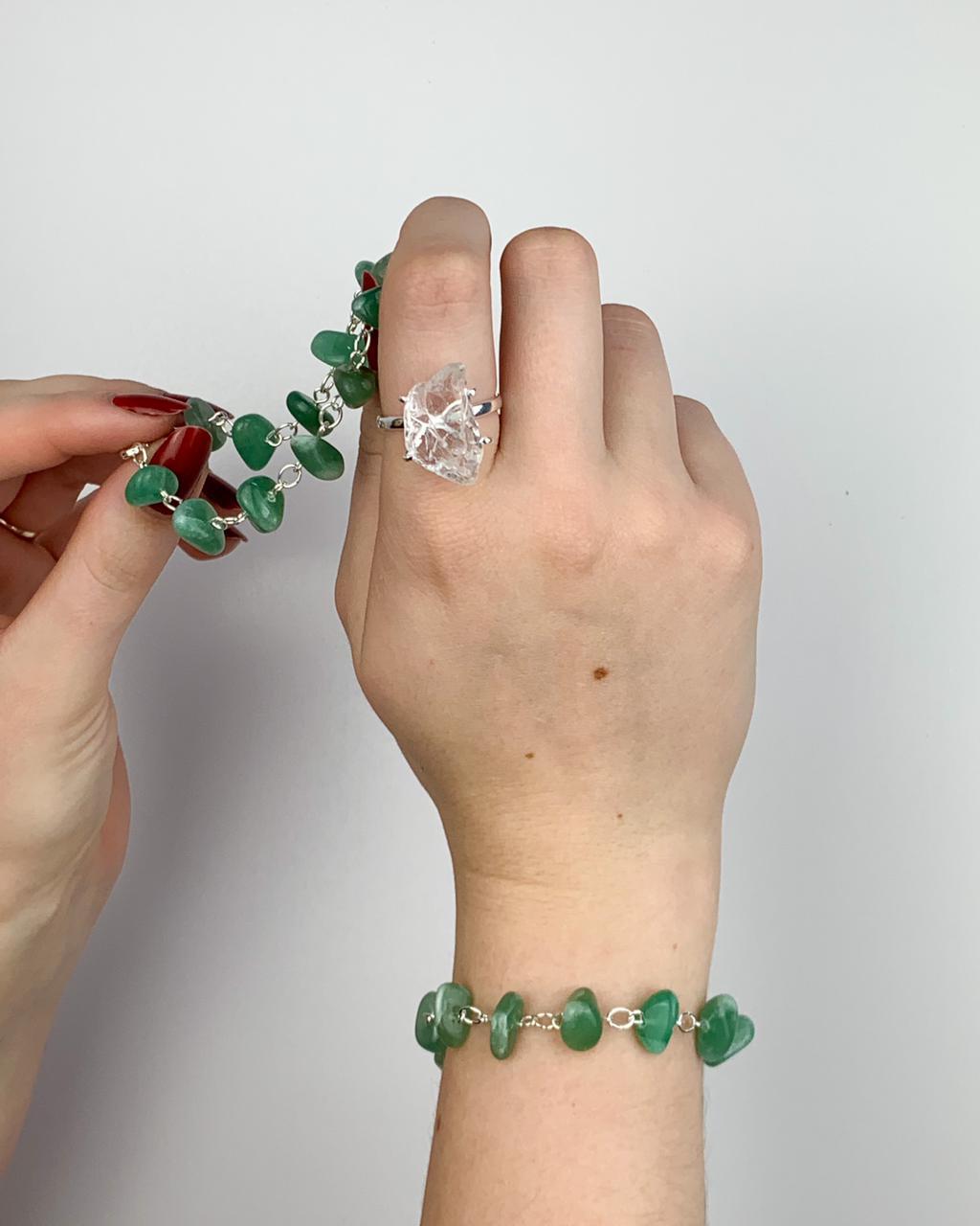 Pulseira Cascalho Quartzo Verde Elos Banho Prata