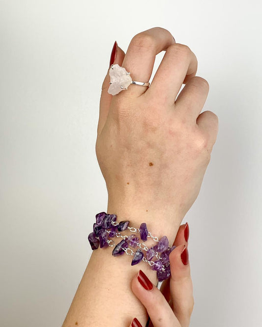 Pulseira Cascalho Ametista Elos Banho Prata
