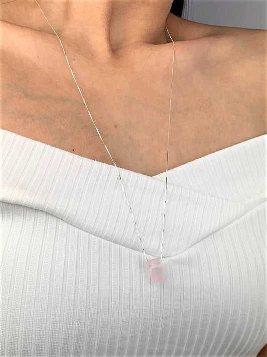Colar Longo Ponta Quartzo Rosa Prata 925