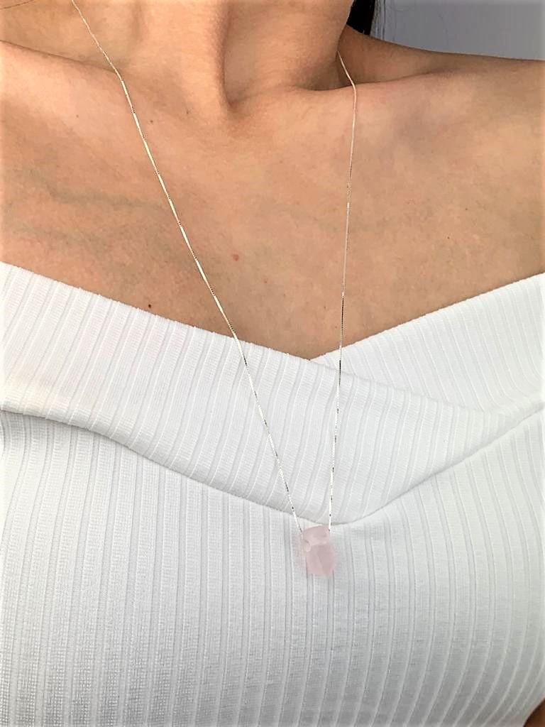 Colar Longo Ponta Quartzo Rosa Prata 925