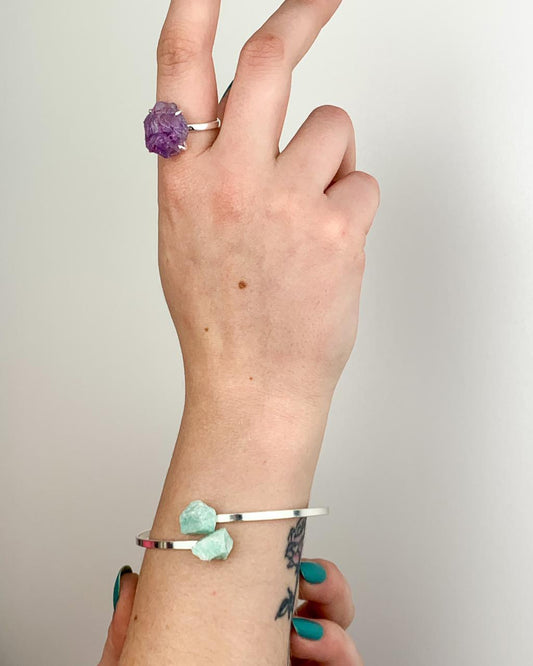 Bracelete Amazonita Bruta Banho Prata
