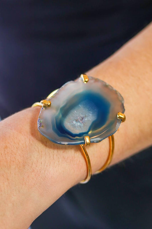Bracelete Chapa de Ágata Azul Banhado Ouro