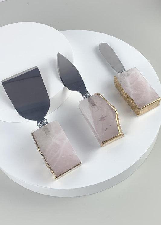 Conjunto Espatulas para Queijo Quartzo Rosa Banho Ouro