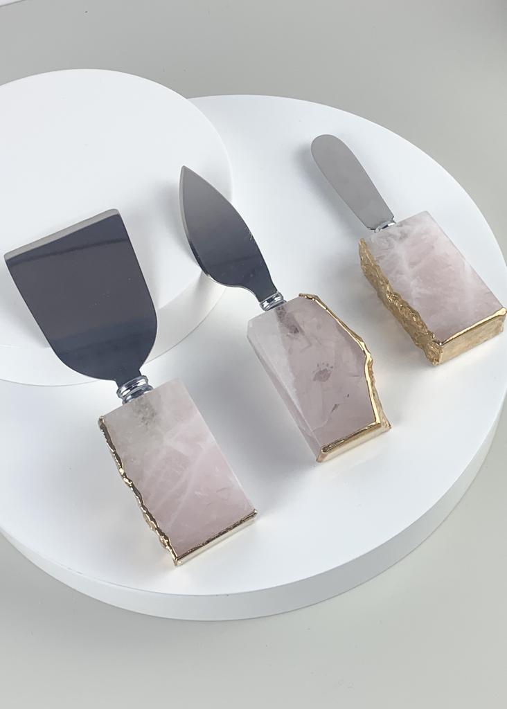 Conjunto Espatulas para Queijo Quartzo Rosa Banho Ouro