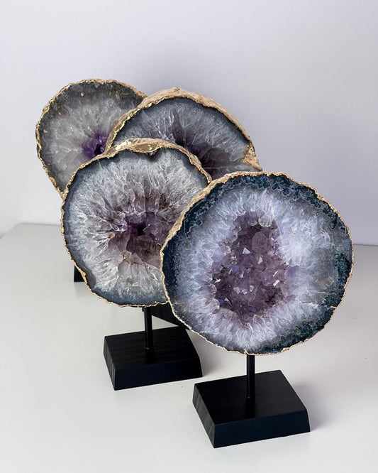 Argola Drusa de Ametista Banho Ouro na Base Madeira Preta