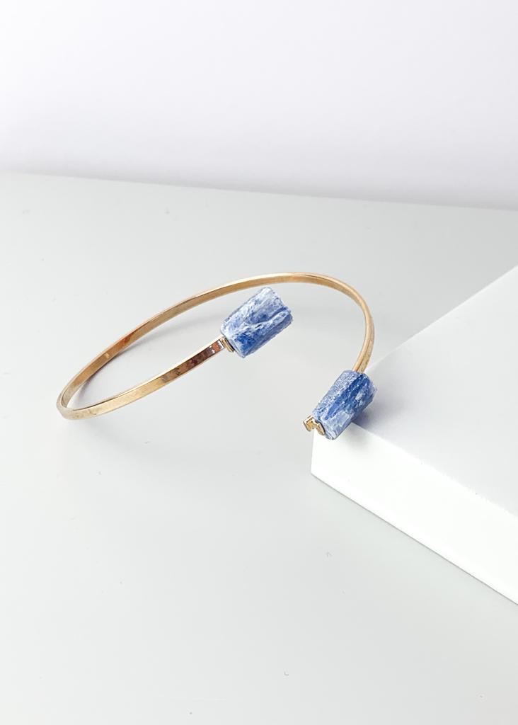 Bracelete Duo Cianita Azul Bruta Banho Ouro