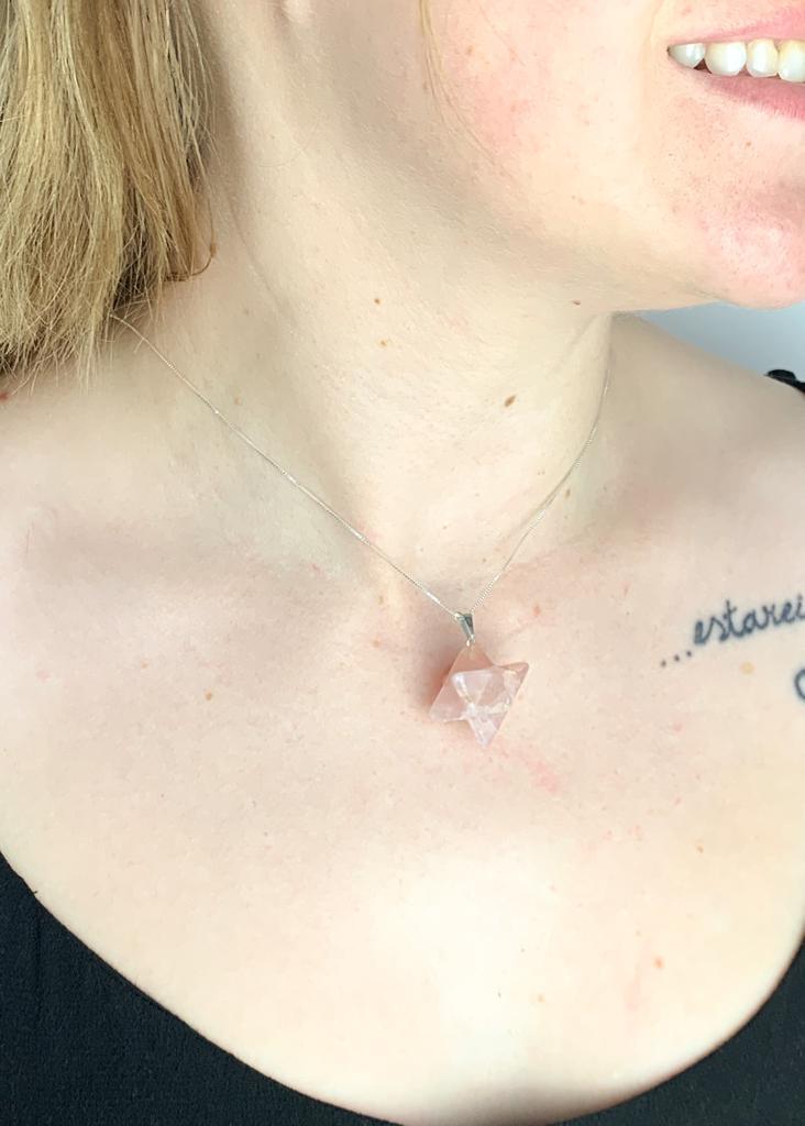 Pingente Merkaba Quartzo Rosa Banho Prata