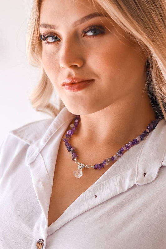 Choker Ametista com Cristal Fecho Boia Summer Vibes Banho Prata