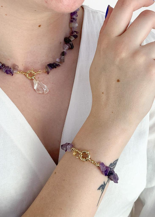 Pulseira Ametista com Fecho Boia Summer Vibes Banho Ouro