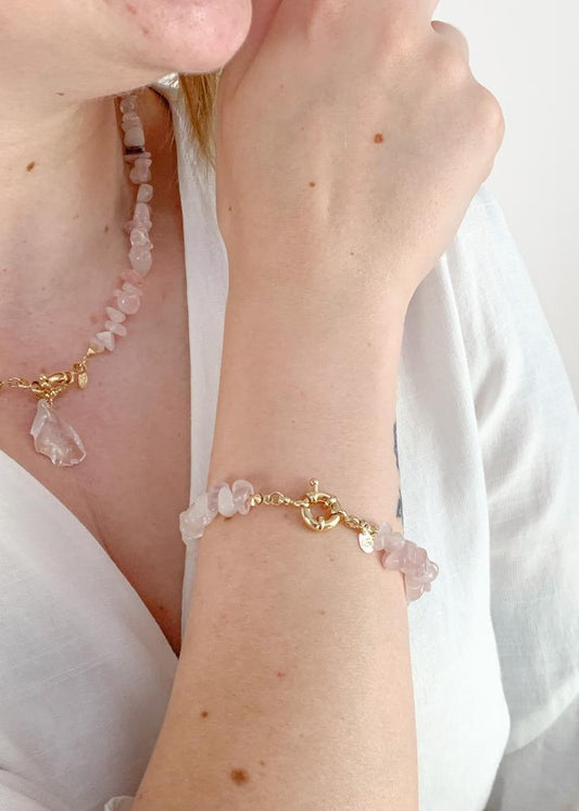 Pulseira Quartzo Rosa Fecho Boia Summer Vibes Banho Ouro