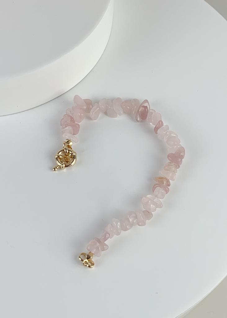 Pulseira Quartzo Rosa Fecho Boia Summer Vibes Banho Ouro