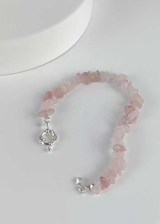 Pulseira Quartzo Rosa Fecho Boia Summer Vibes Banho Prata
