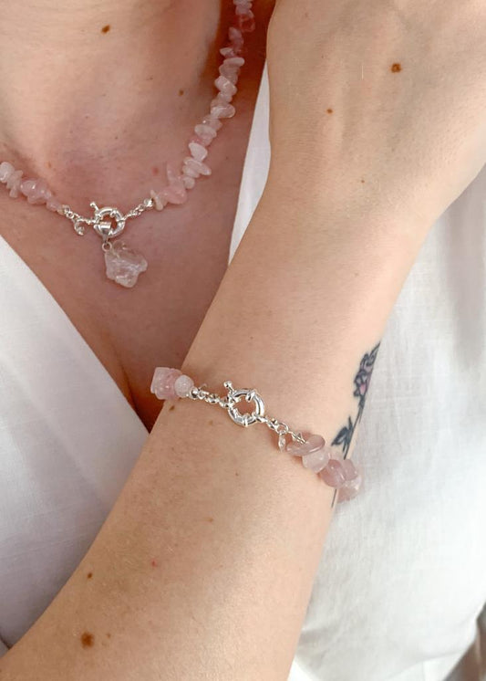 Pulseira Quartzo Rosa Fecho Boia Summer Vibes Banho Prata