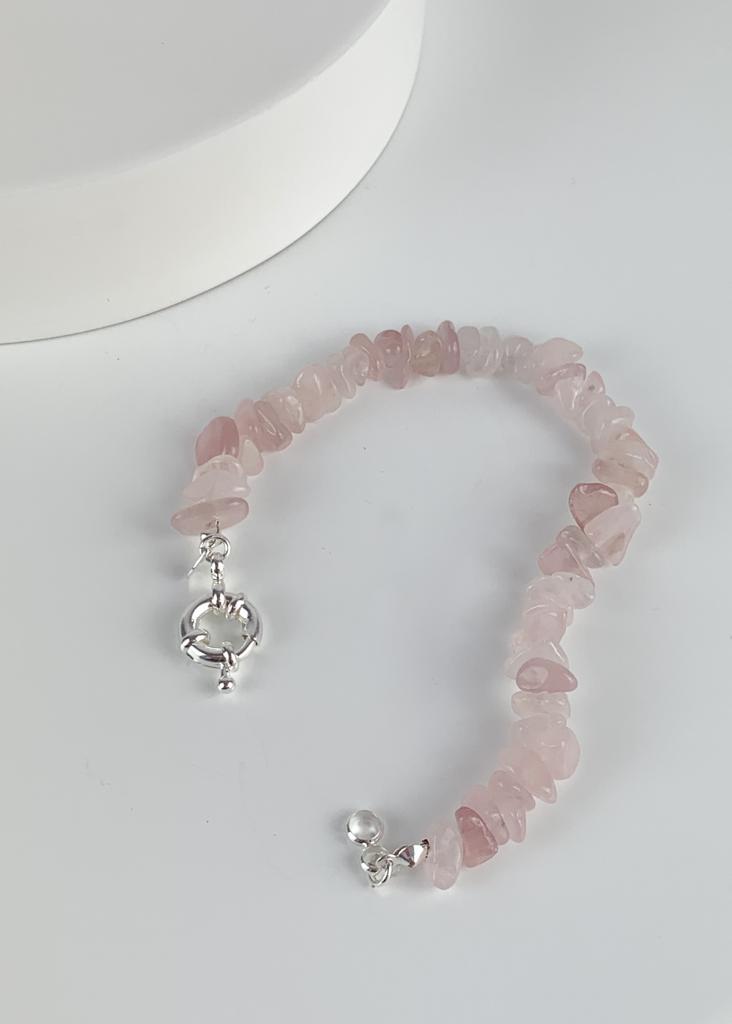 Pulseira Quartzo Rosa Fecho Boia Summer Vibes Banho Prata
