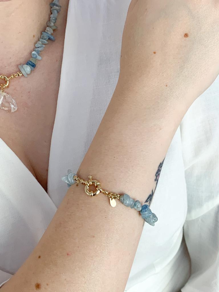 Pulseira Água Marinha Fecho Boia Summer Vibes Banho Ouro